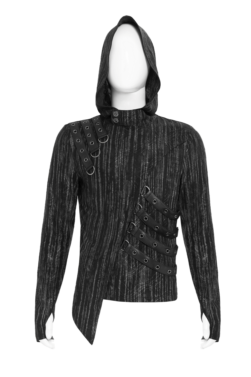 Cyberpunk Hooded Top with Straps and Asymmetric Hem featuring buckles and edgy design.