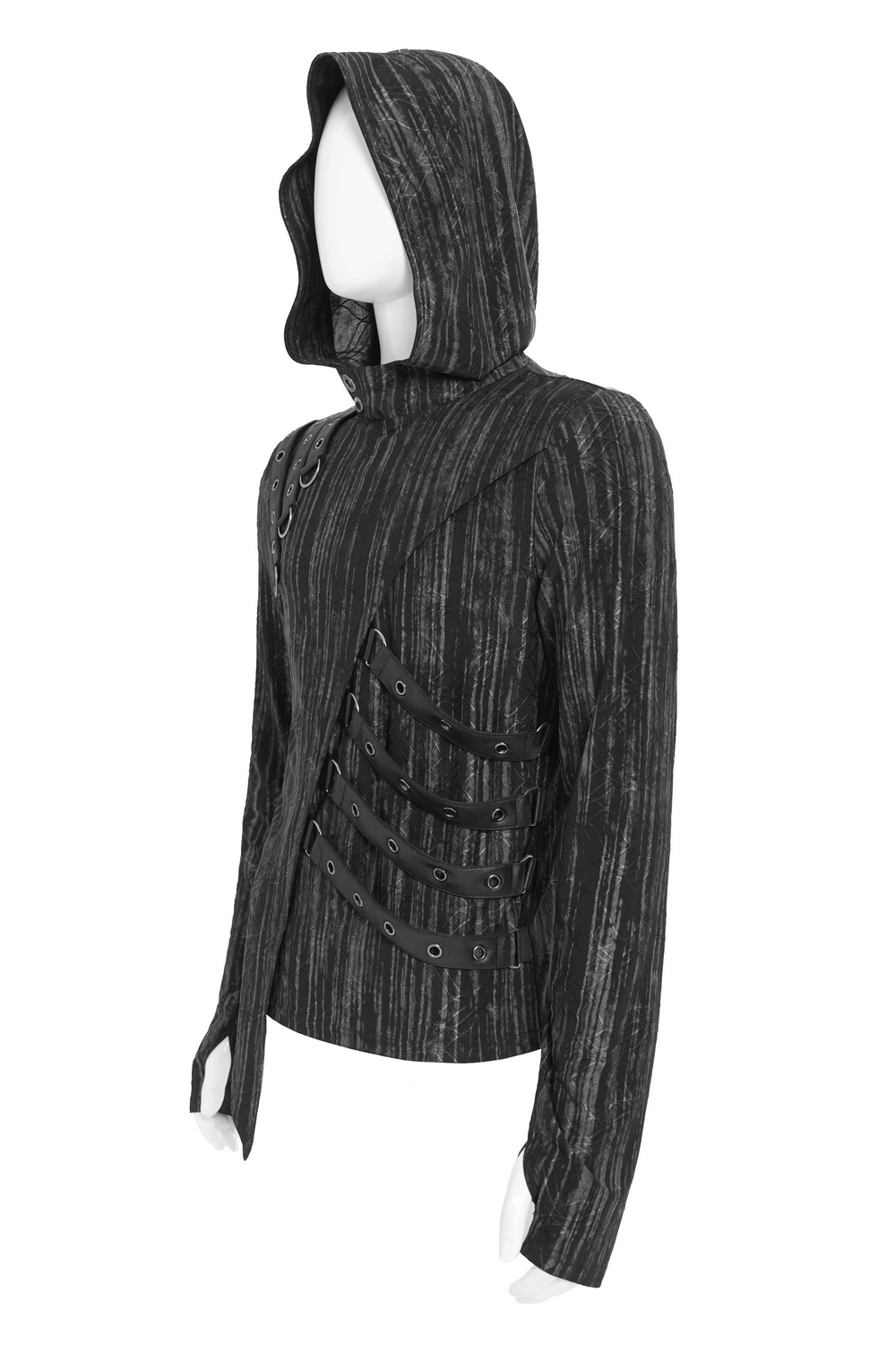 Cyberpunk Hooded Top with Straps and Asymmetric Hem featuring decorative buckles and a trendy fitted design.