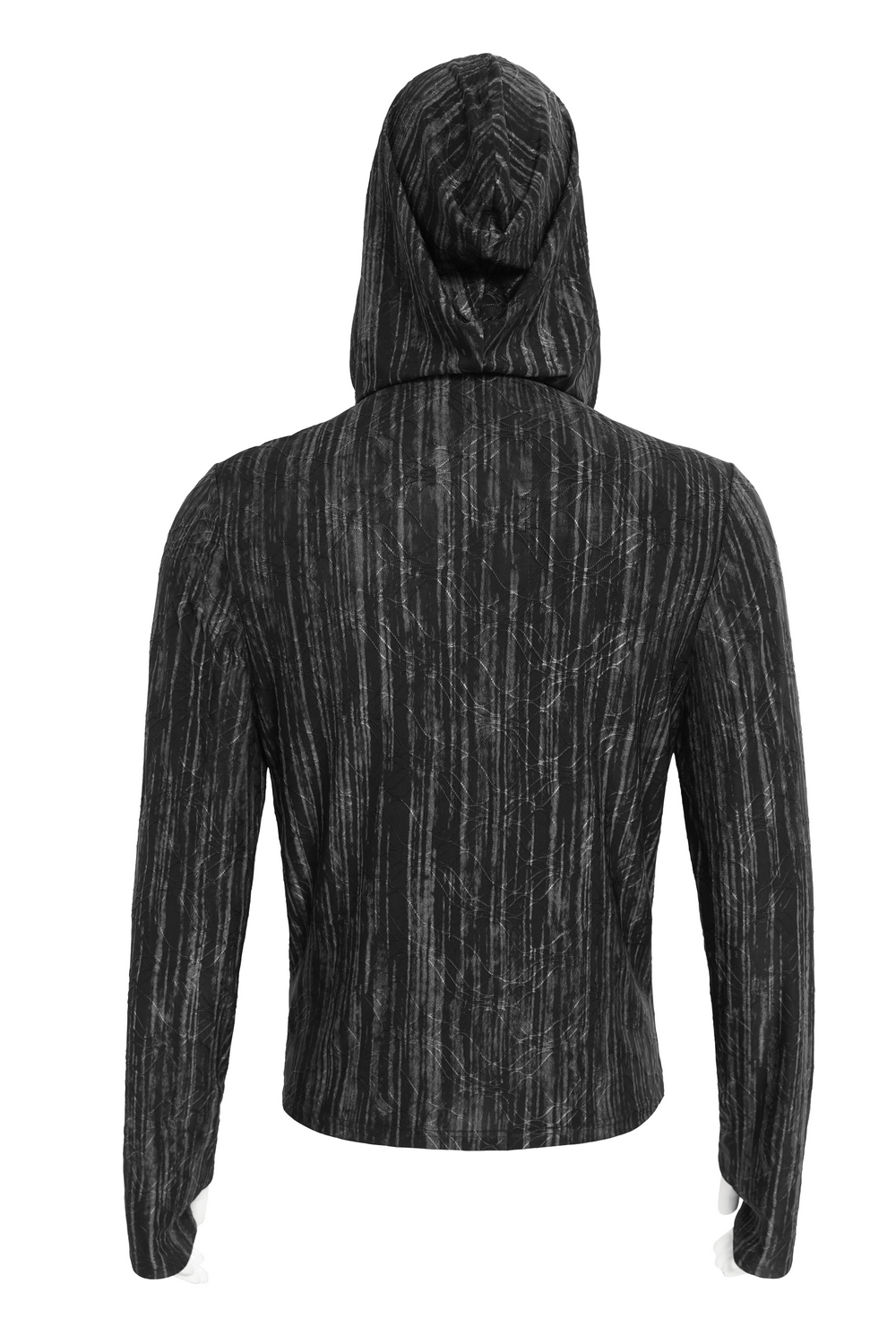 Cyberpunk Hooded Top with Straps and Asymmetric Hem showcasing the back view with textured black fabric.