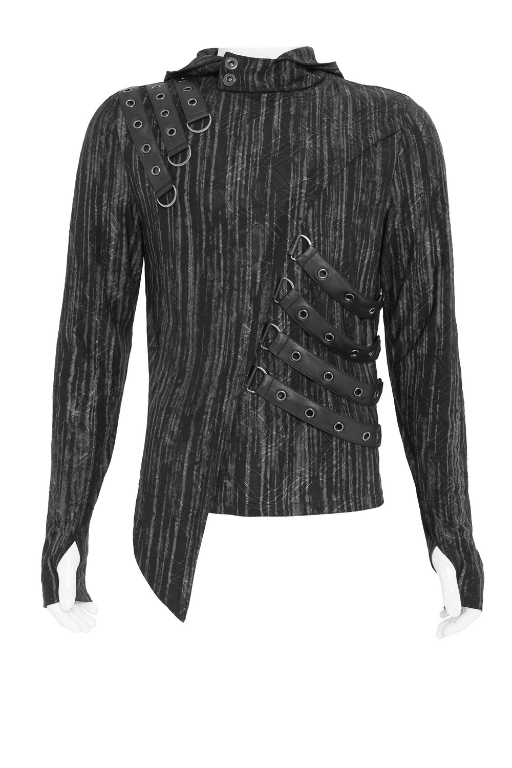 Cyberpunk Hooded Top with Straps and Asymmetric Hem featuring buckle details and a textured black fabric.