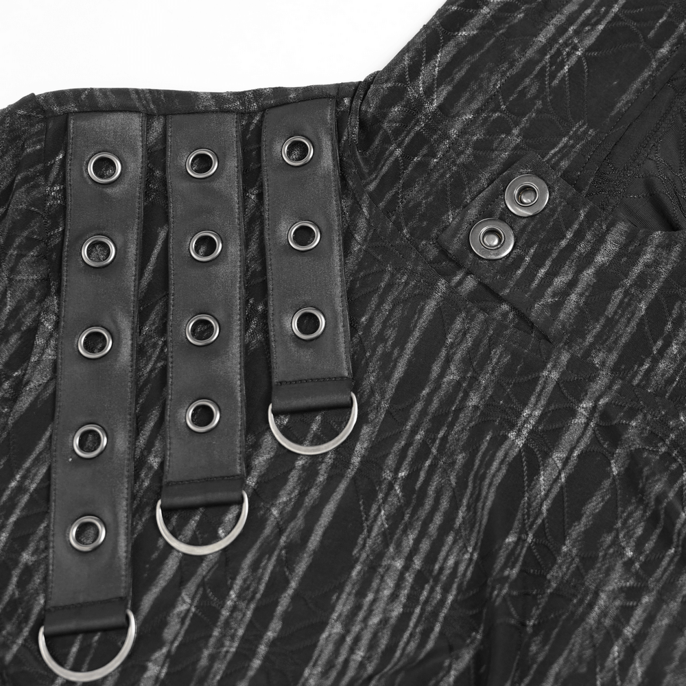 Close-up of straps and eyelet details on a Cyberpunk Hooded Top with Straps and Asymmetric Hem, showcasing edgy design.