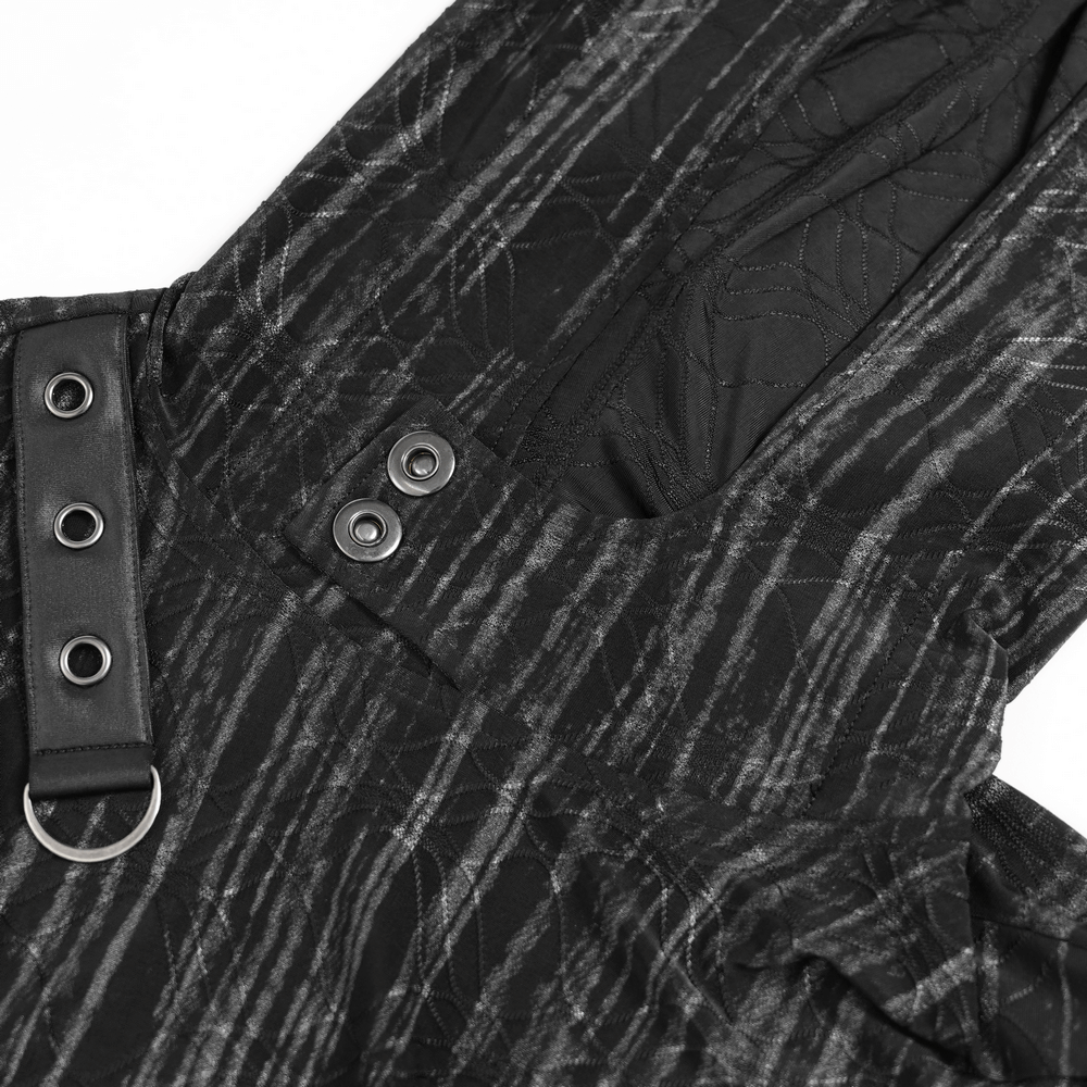 Close-up of a Cyberpunk Hooded Top with Straps and Asymmetric Hem featuring buckle details and textured black fabric.