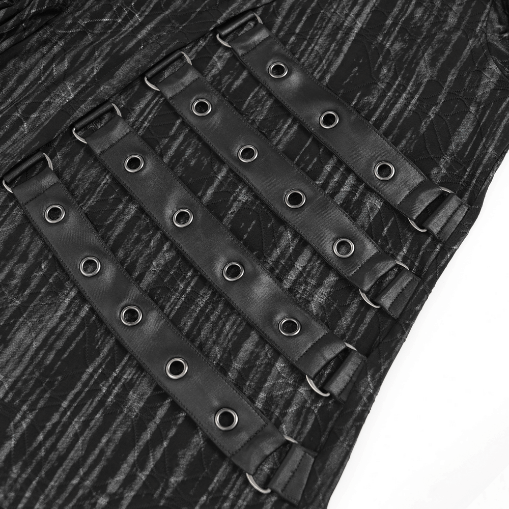 Cyberpunk Hooded Top with Straps and Asymmetric Hem - close-up of buckle details and metal eyelet straps.