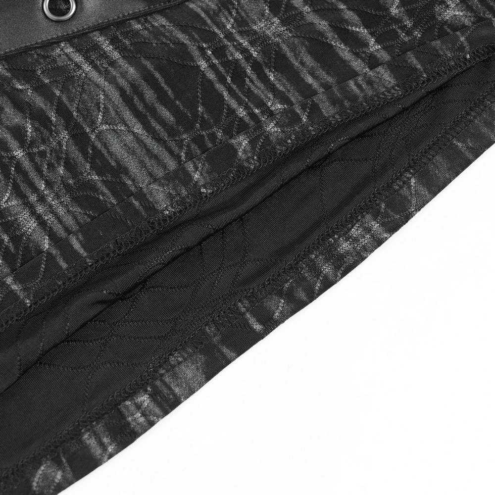 Cyberpunk Hooded Top with Straps and Asymmetric Hem close-up of textured black fabric and buckle details