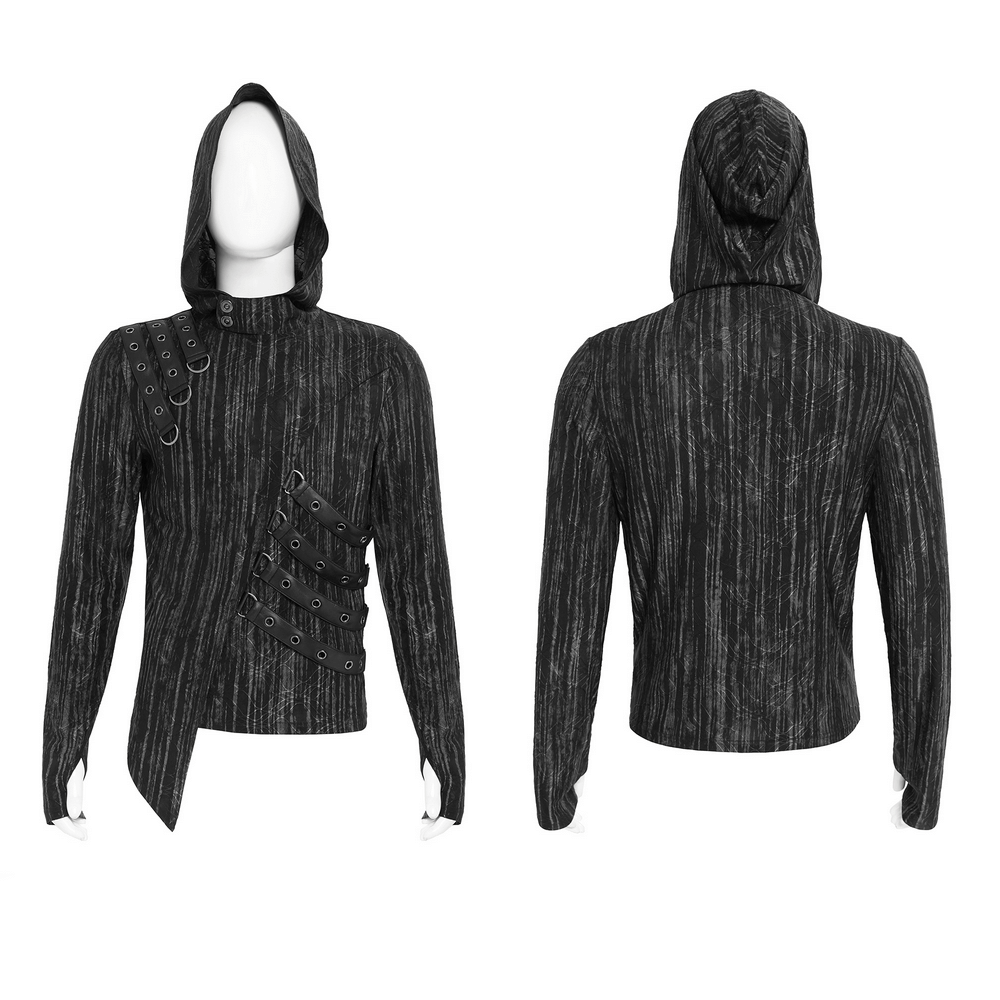 Cyberpunk Hooded Top with Straps and Asymmetric Hem featuring buckles and a textured black fabric.