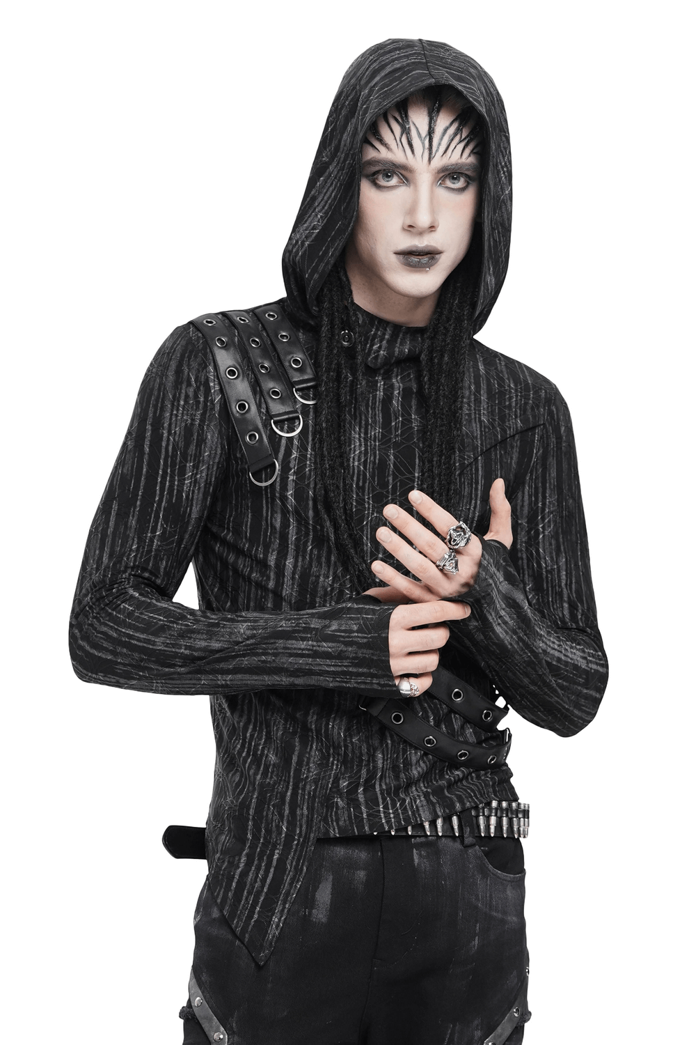 Cyberpunk Hooded Top with Straps and Asymmetric Hem showcasing edgy buckle details and striking futuristic style.