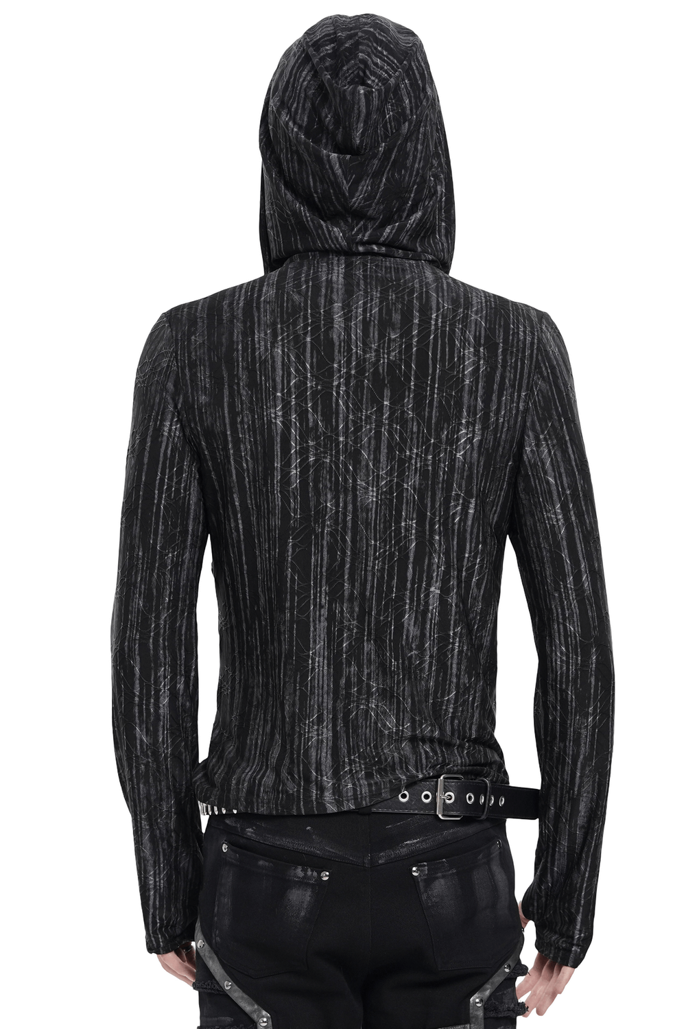 Cyberpunk Hooded Top with Straps and Asymmetric Hem - Back view showing textured black fabric and edgy design details.