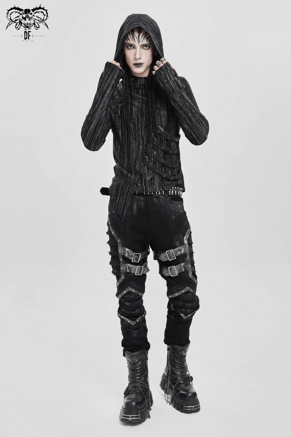 Cyberpunk Hooded Top with Straps and Asymmetric Hem worn by a model in a gothic streetwear style.
