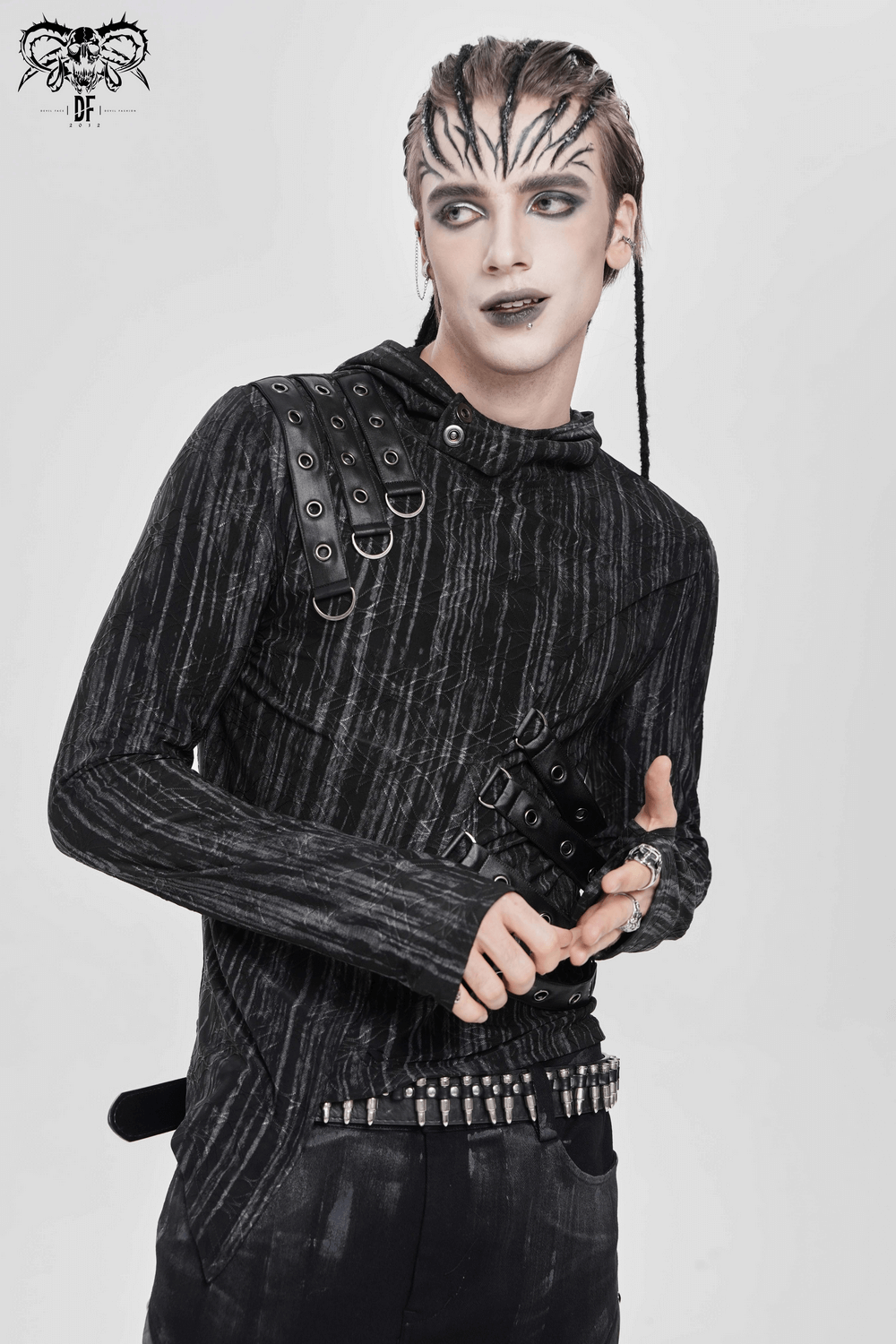 Cyberpunk Hooded Top with Straps and Asymmetric Hem worn by model, featuring buckles and an edgy design.