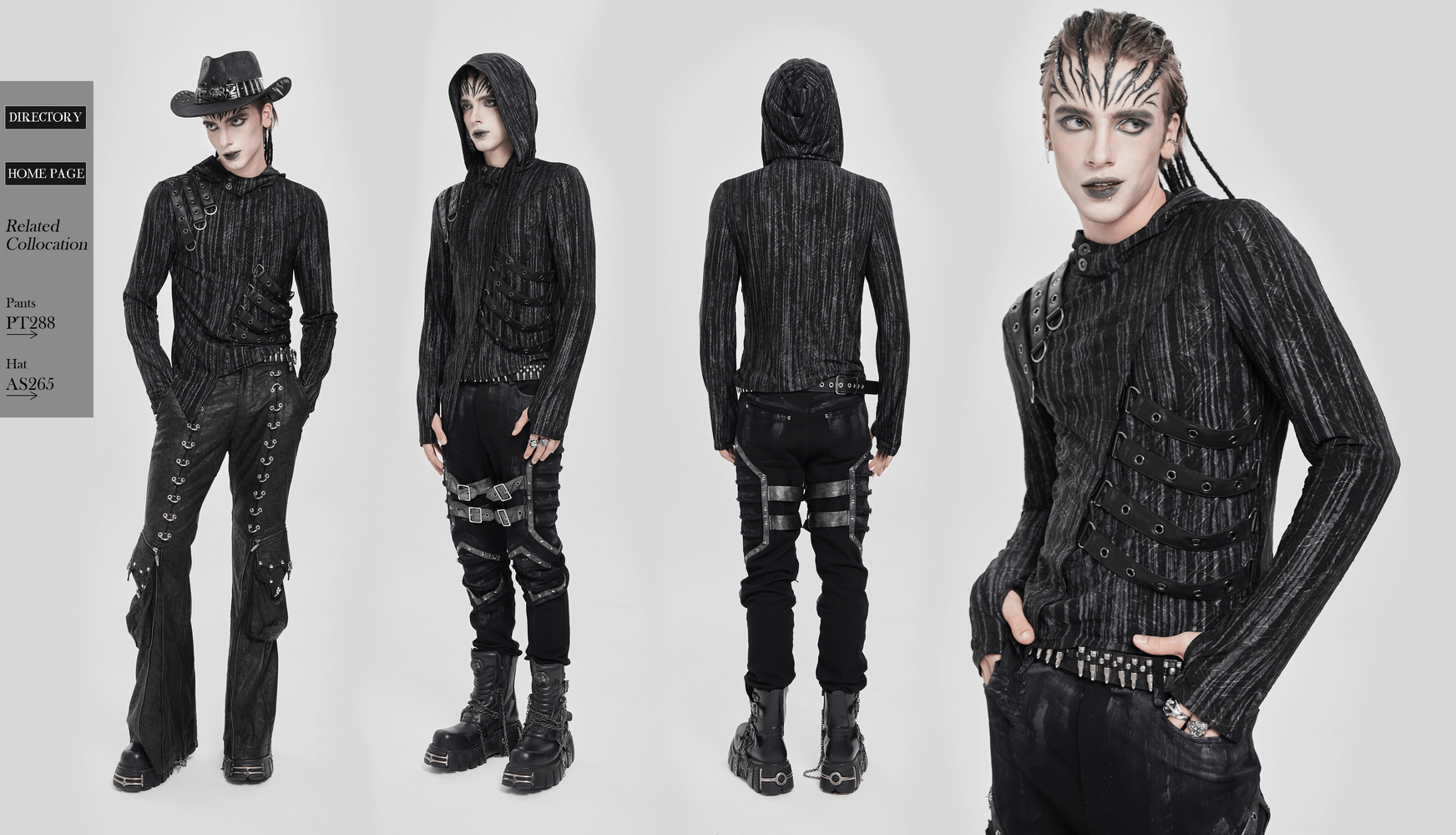 Cyberpunk Hooded Top with Straps and Asymmetric Hem showcased on model in gothic streetwear style.