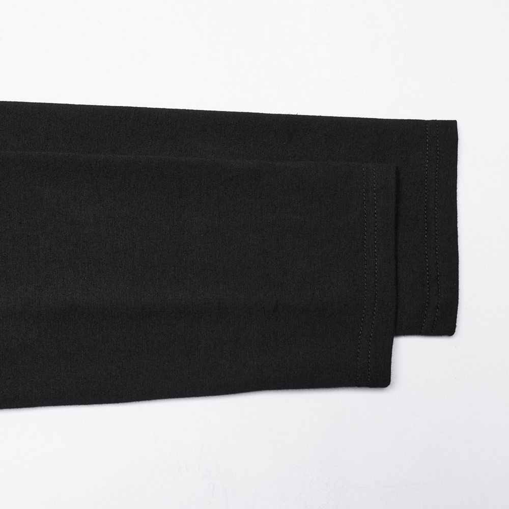 close-up of the sleeve detail of a black cyberpunk-inspired sweatshirt with sleek stitching