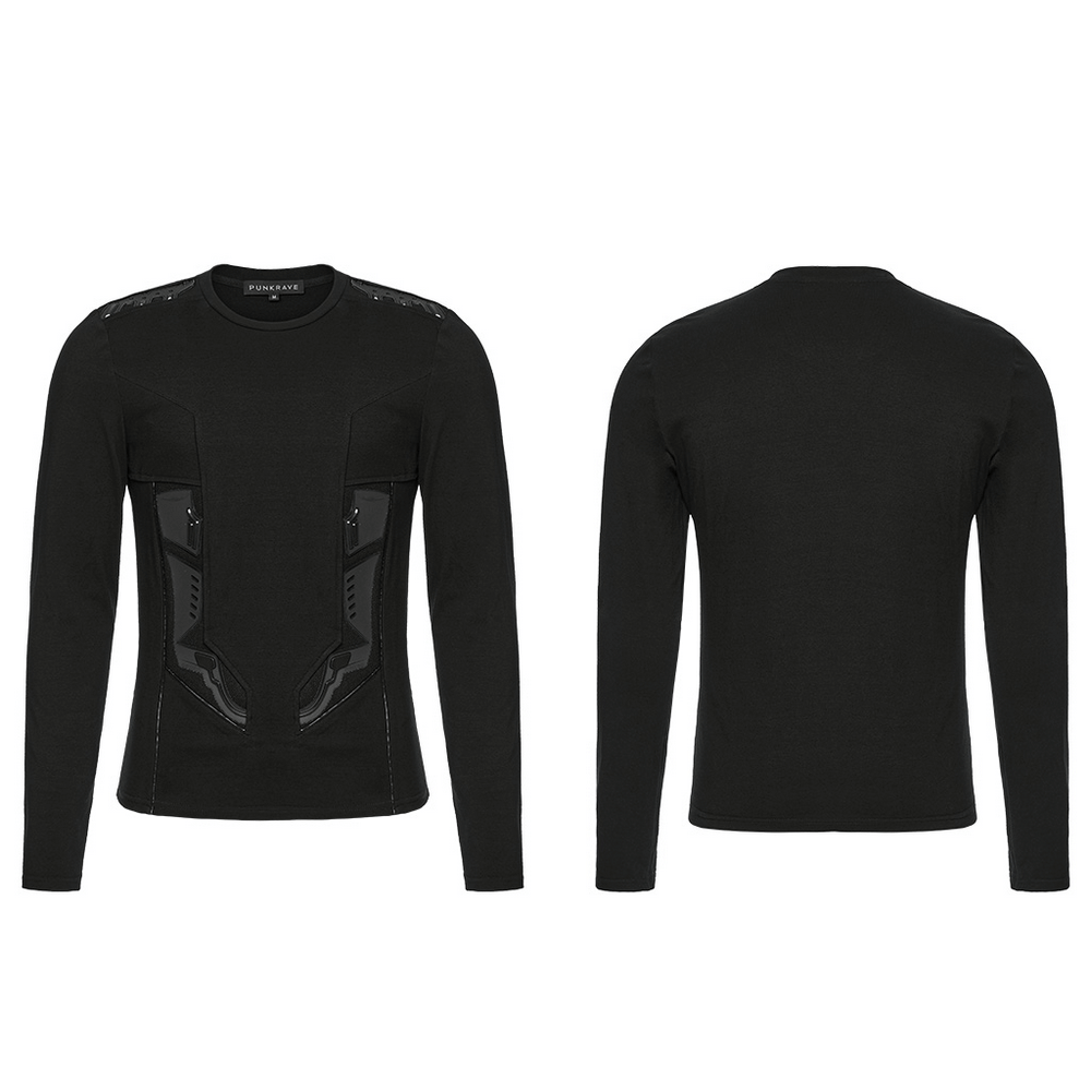 Cyberpunk-inspired black sweatshirt with armor detail and sleek fit, showcasing bold splicing and futuristic design.