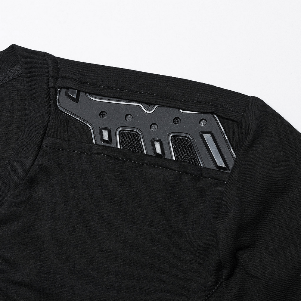 Close-up of black sweatshirt shoulder with bold armor detail, perfect for cyberpunk-inspired fashion.