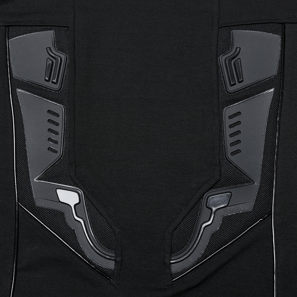 Close-up of cyberpunk-inspired black sweatshirt featuring bold armor splicing and intricate structural details.