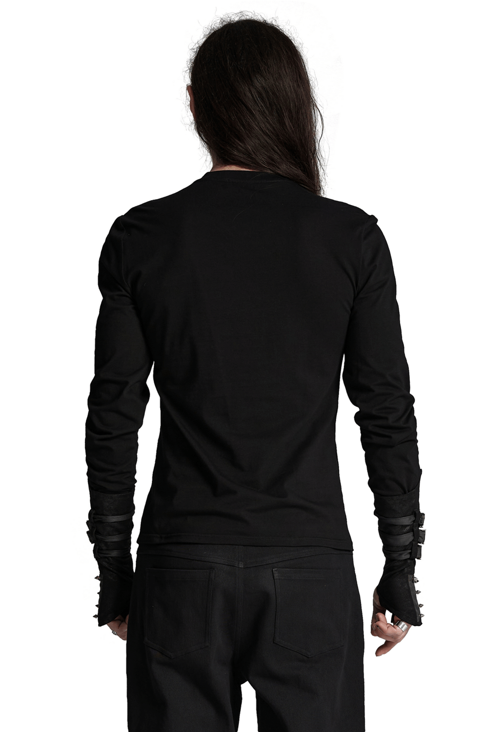 Back view of a sleek black cyberpunk sweatshirt with armor detailing and fitted cut, showcasing its modern design.