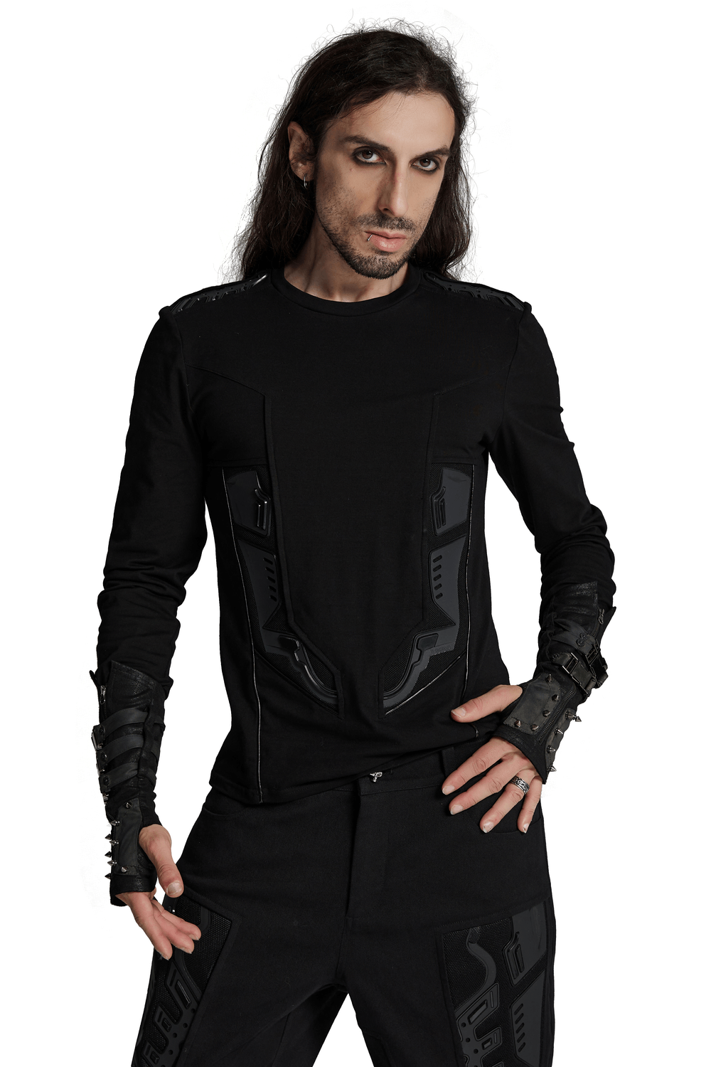 Cyberpunk-inspired black sweatshirt with armor detail, showcasing futuristic design and sleek fit, perfect for edgy fashion lovers.