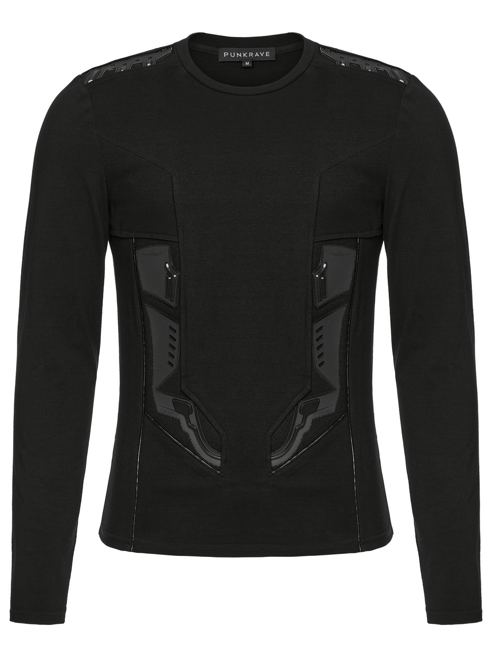 Futuristic black sweatshirt with armor detail and sleek fitting cut, perfect for a cyberpunk fashion statement.