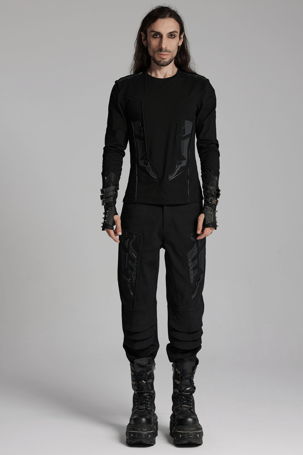 Cyberpunk-inspired black sweatshirt with bold armor details and fitted style, perfect for a futuristic look.