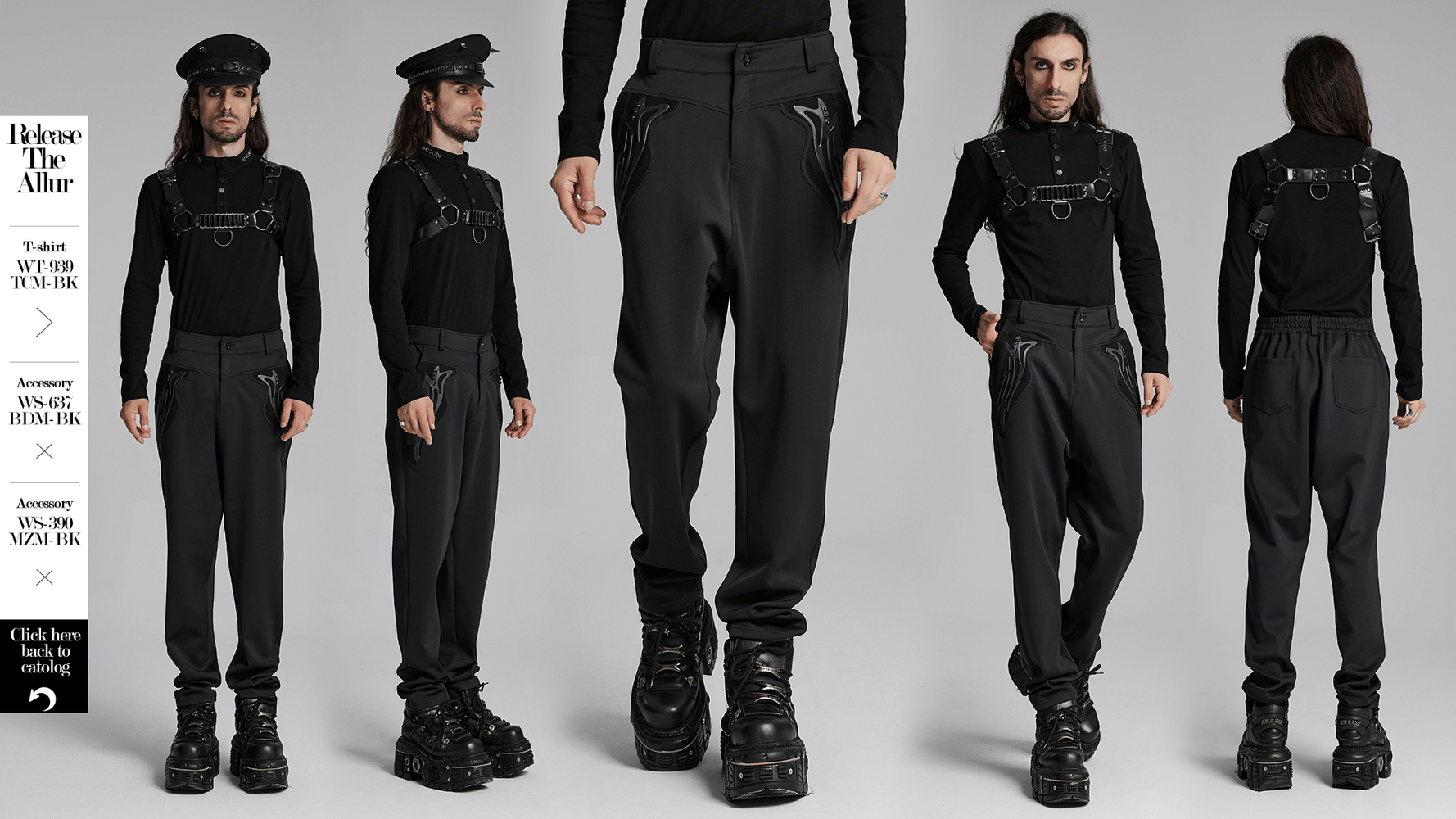 Cyberpunk-inspired dark gothic pants with riveted pockets and draped fit, styled with edgy black top and accessories.