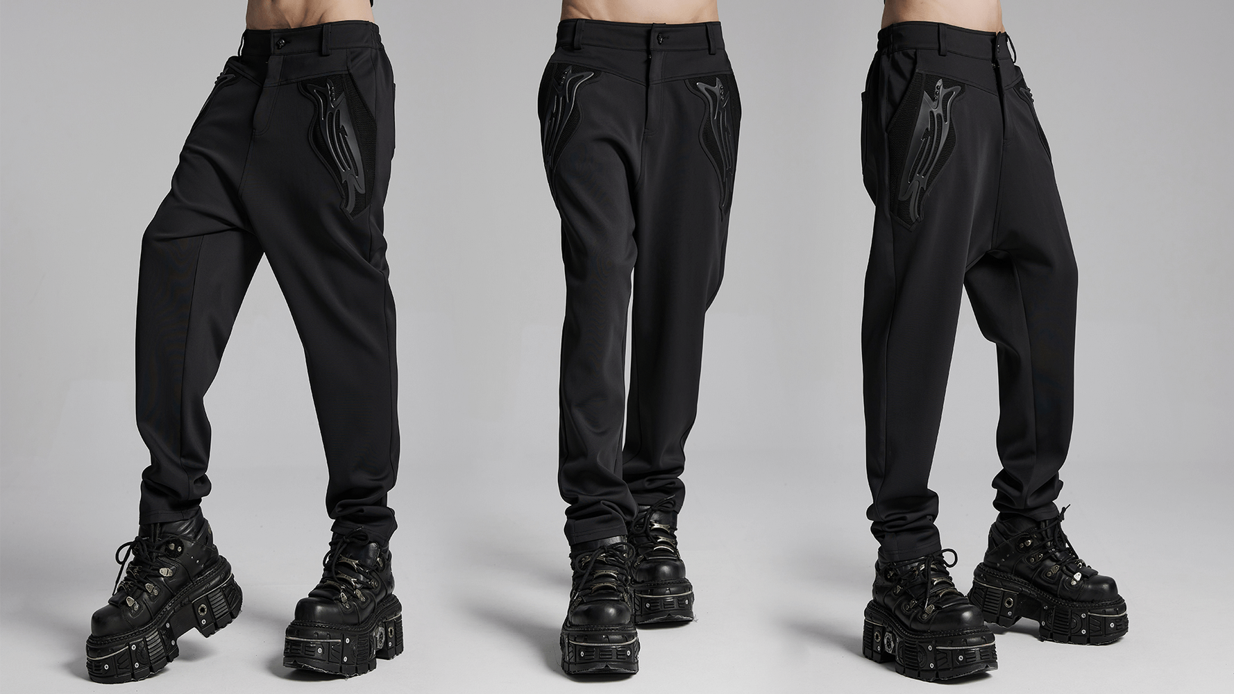 Cyberpunk knitted pants in black with riveted pockets and 3D details, showcasing a draped fit and edgy style.