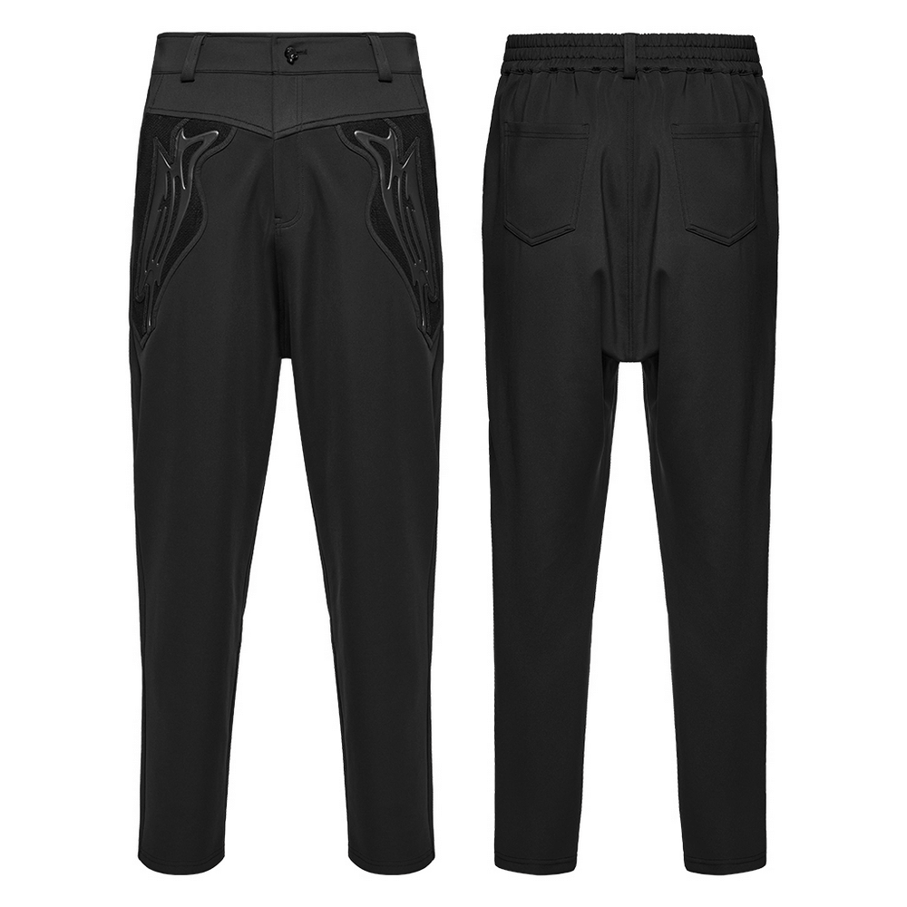 Cyberpunk knitted pants in black with rivets and 3D pocket details, featuring a sleek draped fit and edgy silhouette.