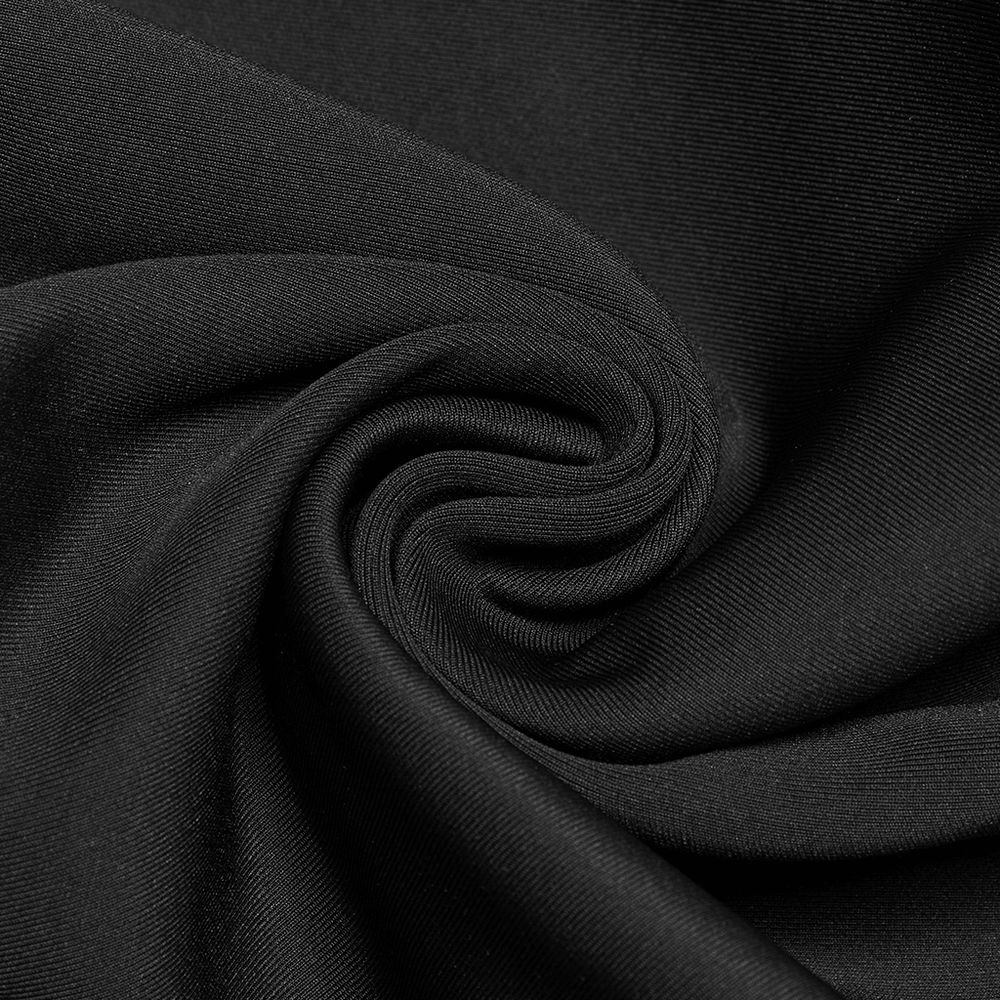 Close-up of soft black knitted fabric, showcasing its smooth texture and draping quality for stylish clothing.