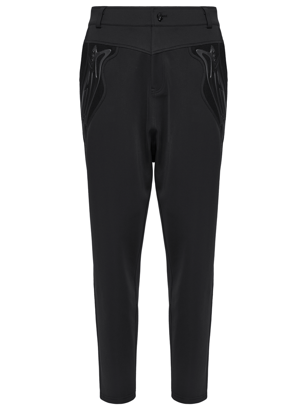 Cyberpunk knitted pants with rivets and 3D pocket details, featuring a sleek draping fit and edgy black design.