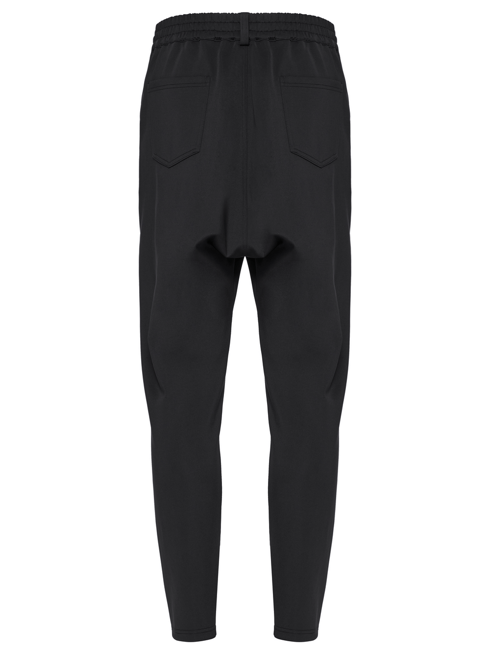 Black cyberpunk knitted pants with riveted pockets and draped fit, showcasing a sleek back view.