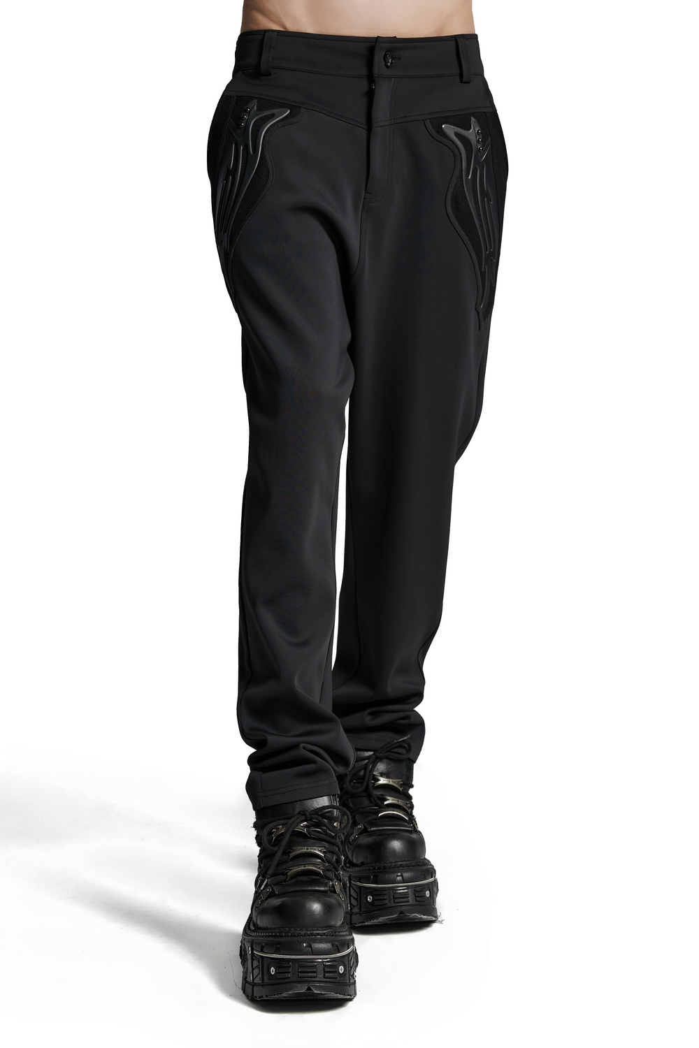 Cyberpunk knitted pants with riveted pocket details in black, showcasing a sleek draping fit and stylish, edgy design.