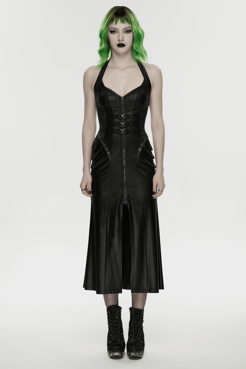 Cyberpunk Leather Halter Dress with Adjustable Buckles on a model with green hair and black makeup.