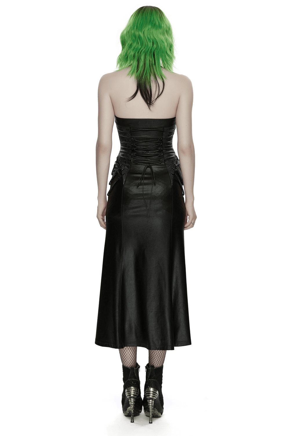 Cyberpunk Leather Halter Dress with Adjustable Buckles showcased from the back, highlighting the sleek design and adjustable fit.