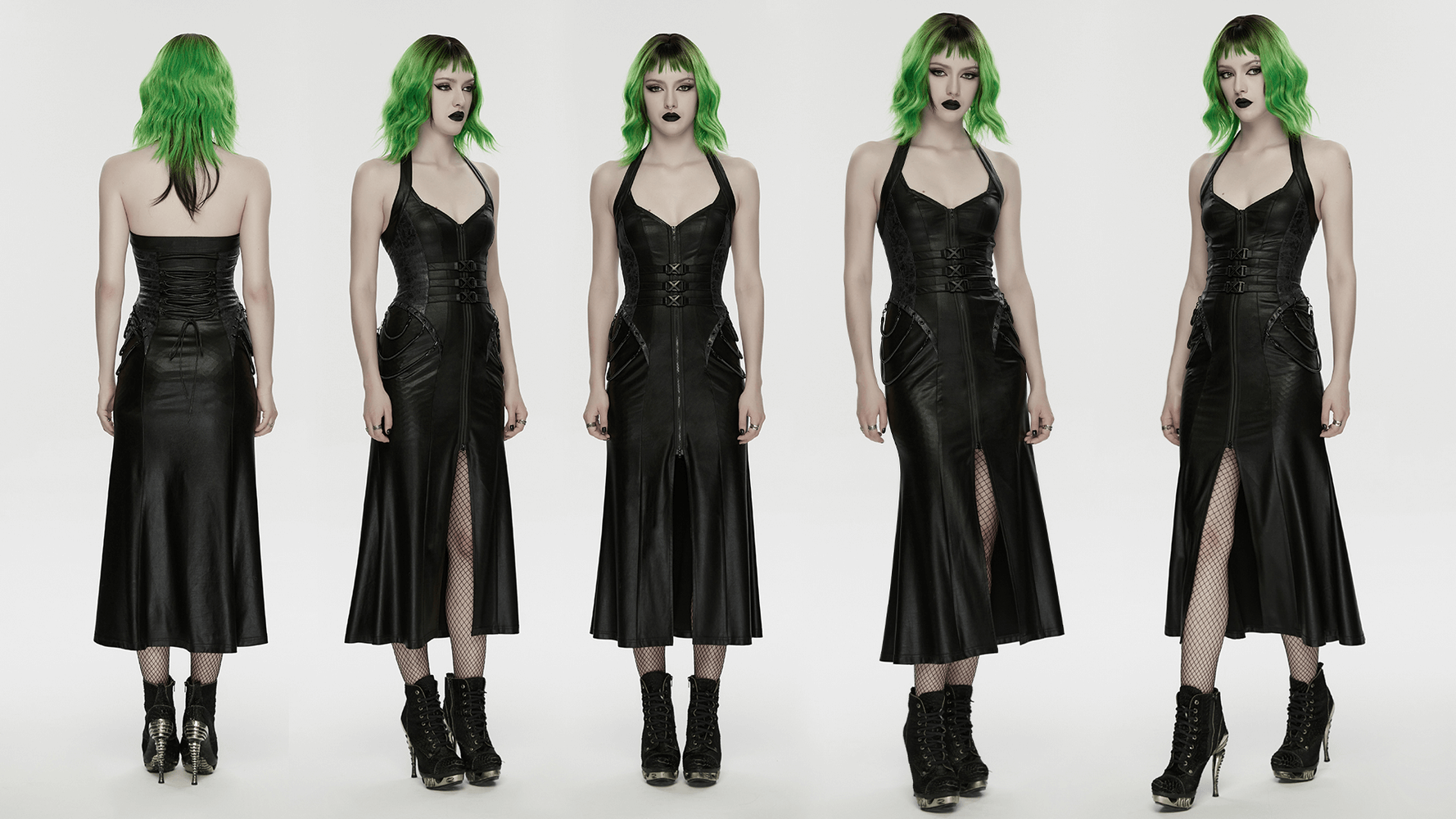Cyberpunk Leather Halter Dress with Adjustable Buckles showcased from multiple angles.