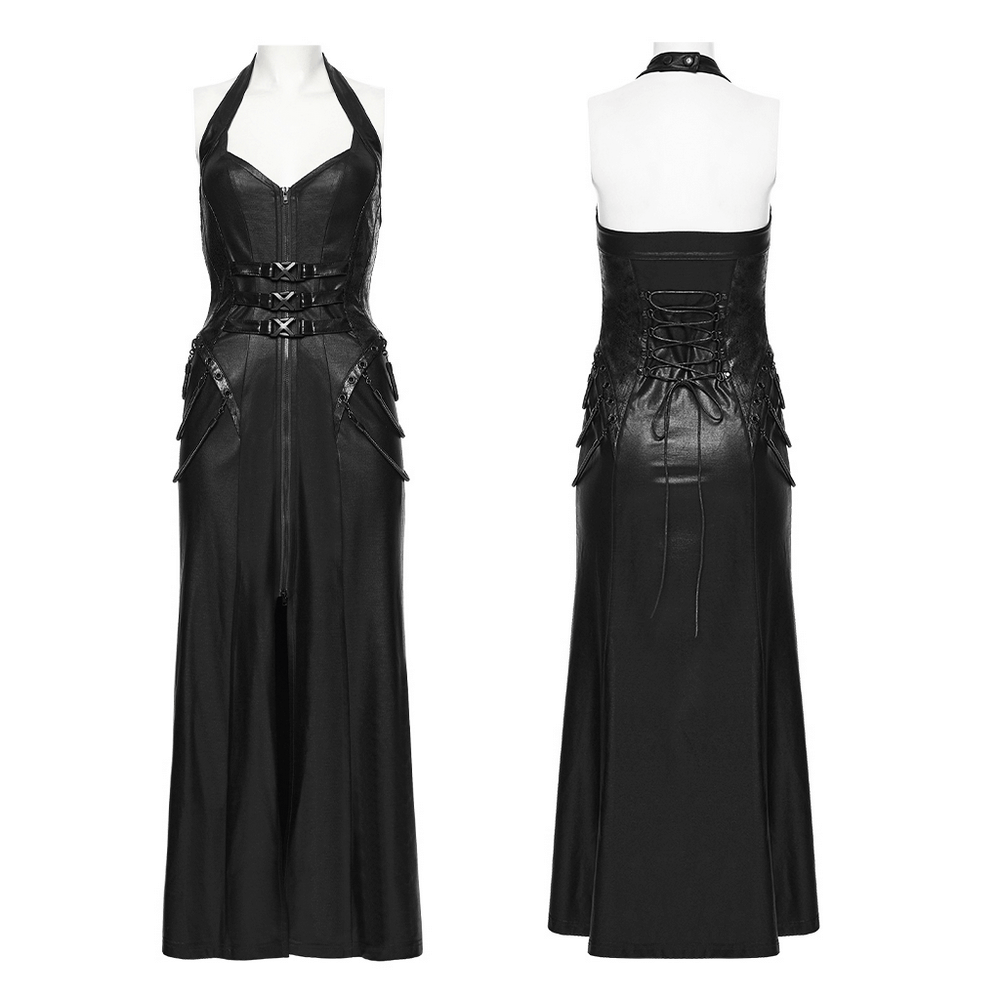 Cyberpunk Leather Halter Dress with Adjustable Buckles displayed from front and back views, showcasing edgy design.