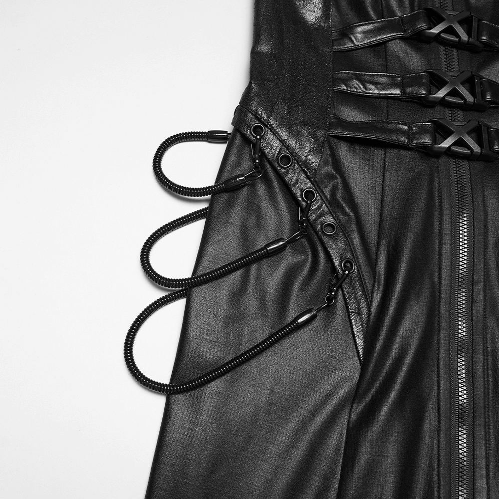 Cyberpunk Leather Halter Dress with Adjustable Buckles showcasing adjustable buckles and zipper details.