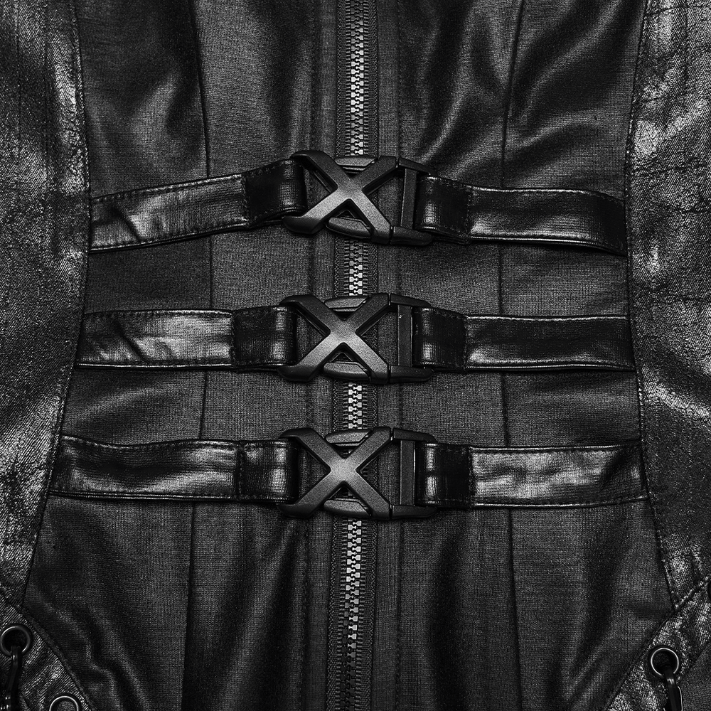 Close-up of Cyberpunk Leather Halter Dress with Adjustable Buckles showcasing zipper and buckle details.