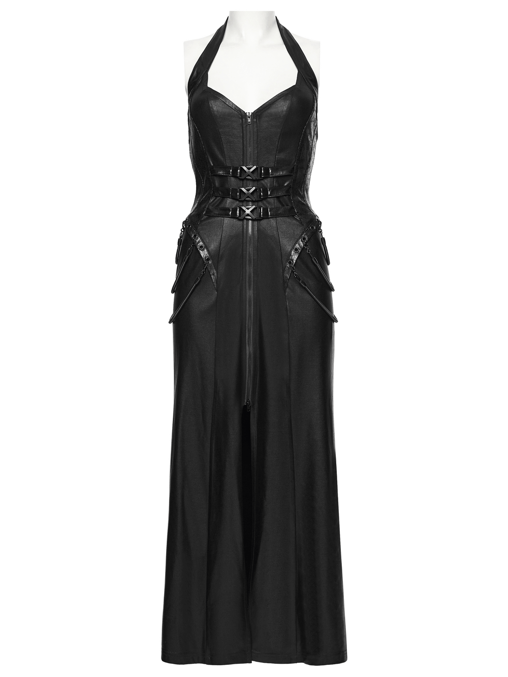 Cyberpunk Leather Halter Dress with Adjustable Buckles showcasing an edgy design and adjustable features.
