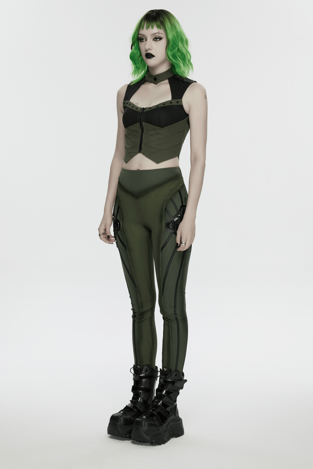 Cyberpunk Leggings with Futuristic Panel Design showcased in army green with 3D rubber accents and a sculpted fit.