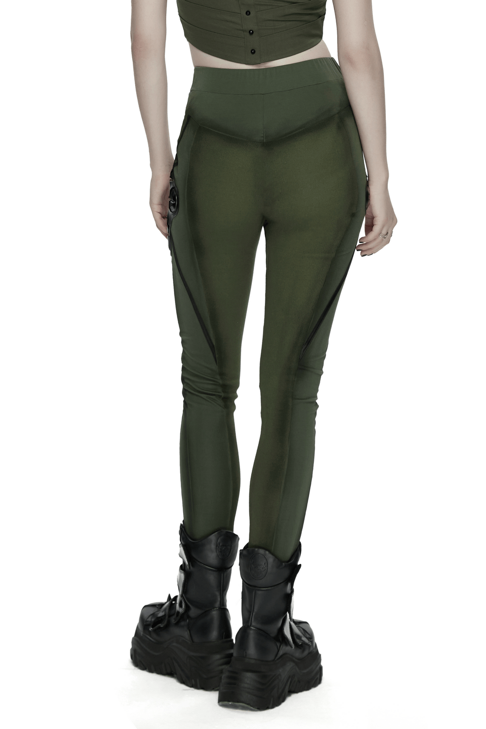 Cyberpunk Leggings with Futuristic Panel Design showcasing army green color and bold 3D rubber accents.