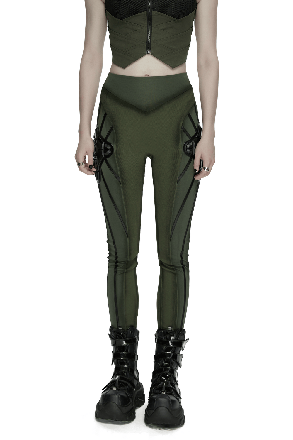 Cyberpunk Leggings with Futuristic Panel Design featuring army green color and 3D rubber details.