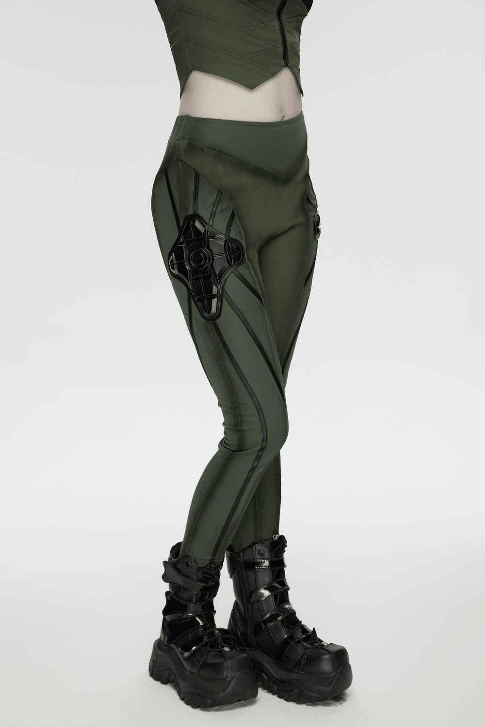 Cyberpunk Leggings with Futuristic Panel Design in army green featuring 3D rubber armor accents.