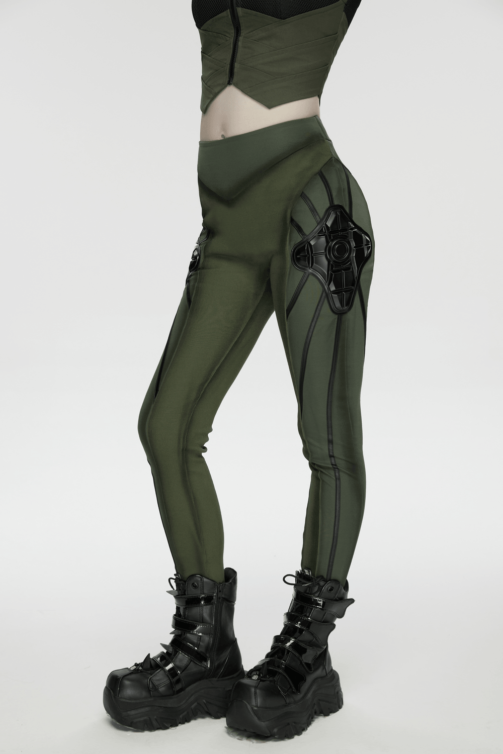 Cyberpunk Leggings with Futuristic Panel Design showcasing army green color and bold 3D rubber armor details.