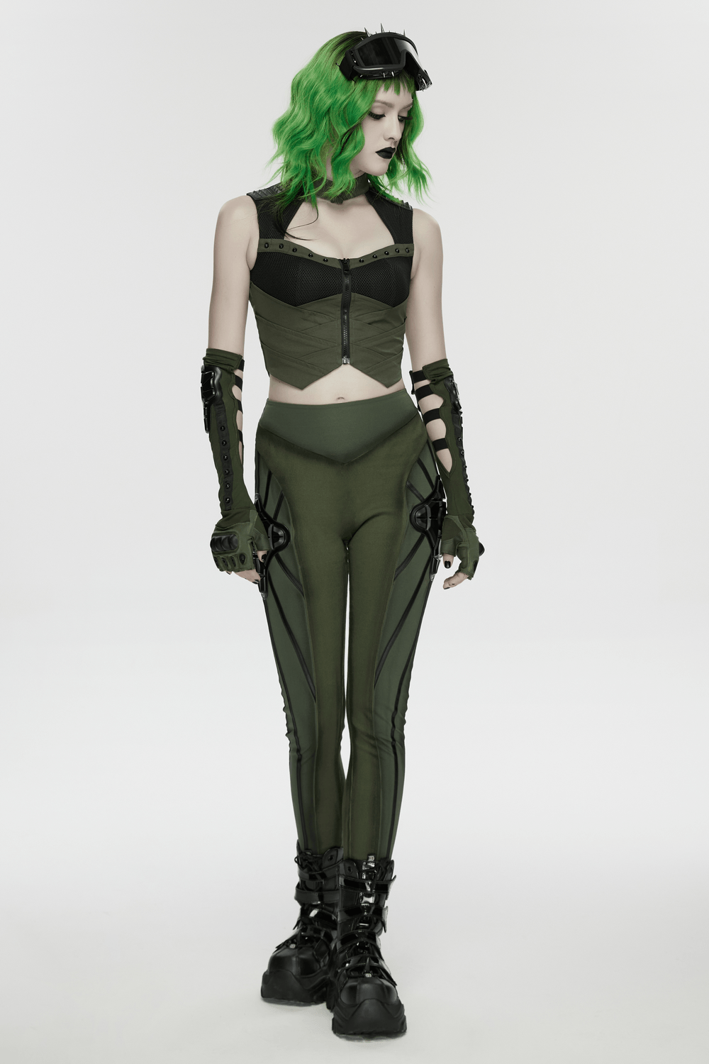 Cyberpunk Leggings with Futuristic Panel Design showcased in army green with black 3D rubber accents for a bold, sleek look.