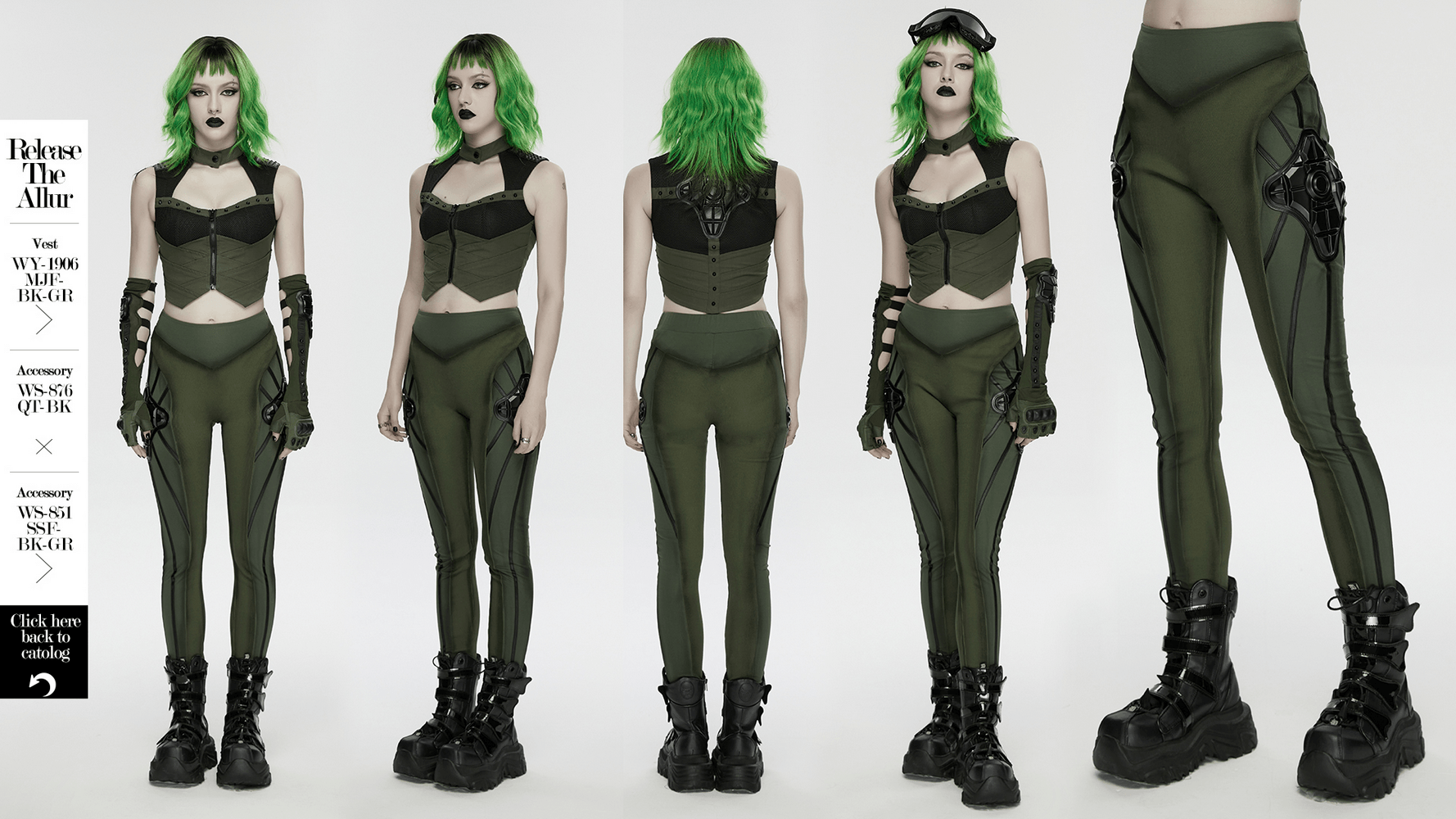 Cyberpunk Leggings with Futuristic Panel Design showcased from multiple angles on a model with vibrant green hair.