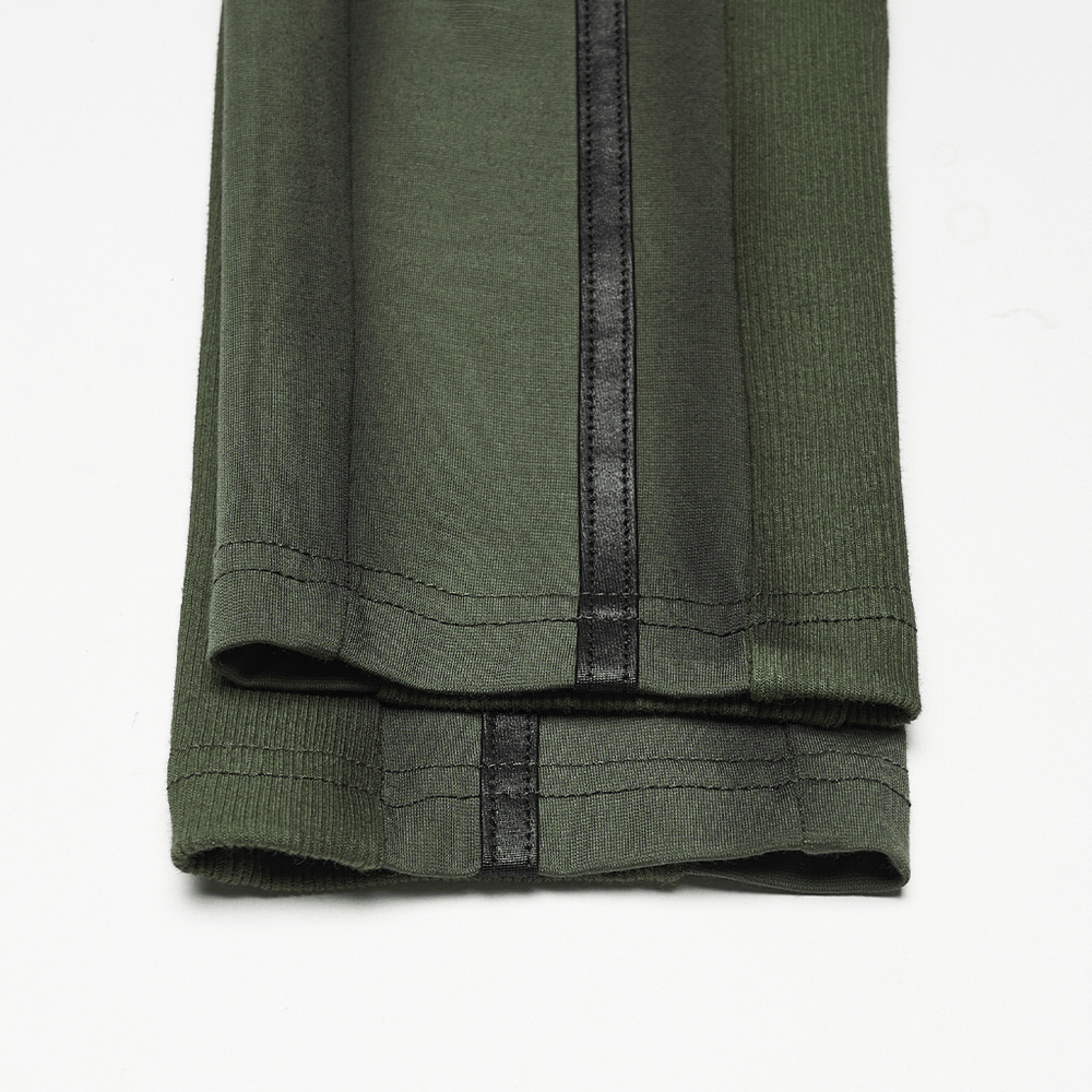 Close-up of Army Green Cyberpunk Leggings with Futuristic Panel Design and black rubber accents.