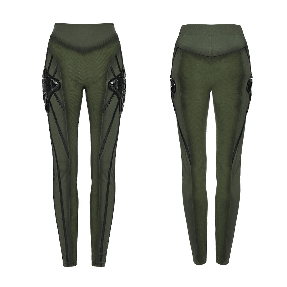 Cyberpunk Leggings with Futuristic Panel Design featuring army green fabric and 3D rubber accents.