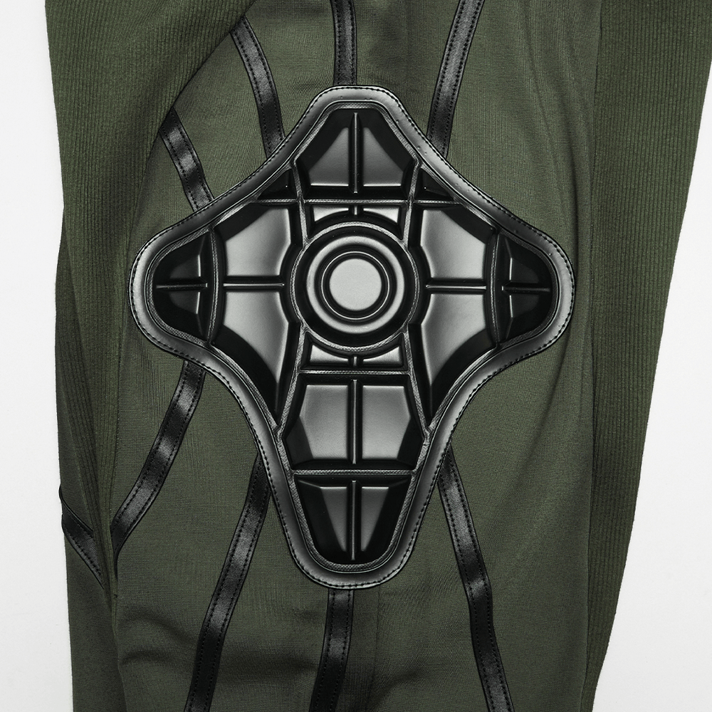 Close-up of Cyberpunk Leggings with Futuristic Panel Design showcasing black 3D rubber armor accents on army green fabric.