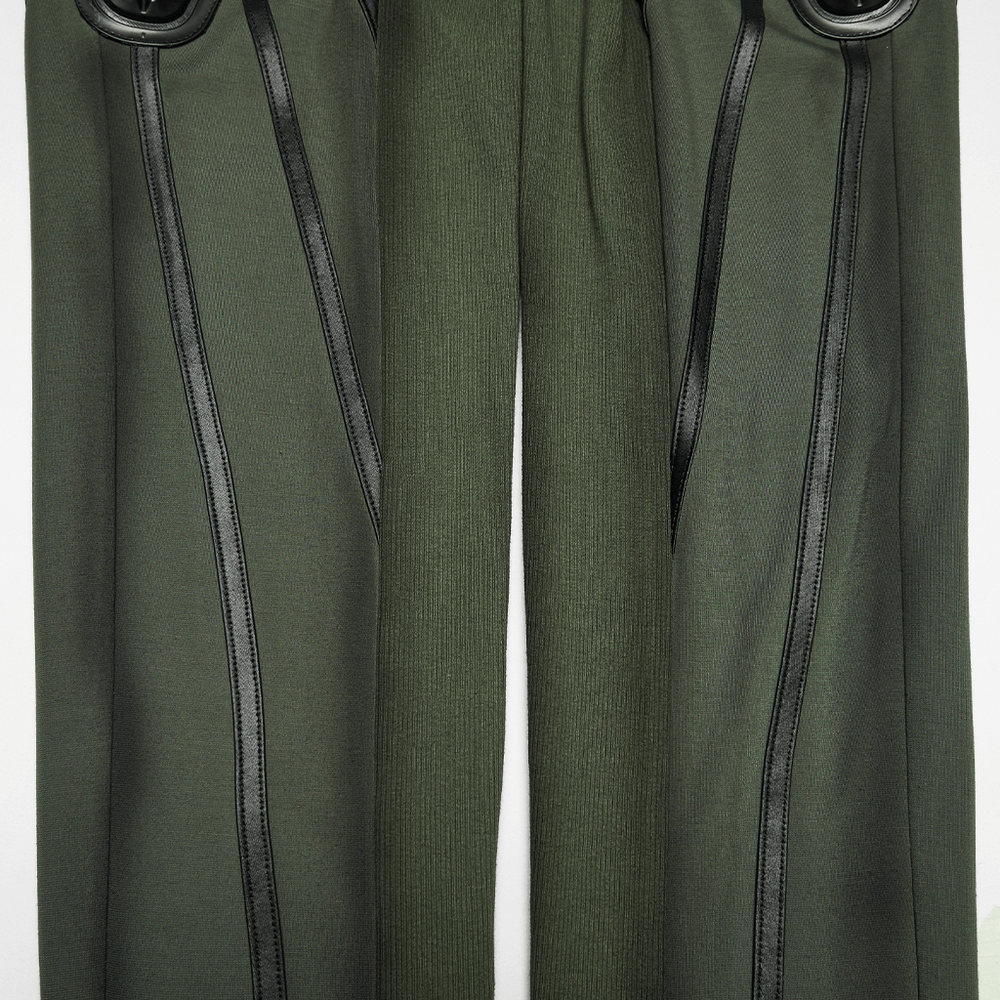 Cyberpunk Leggings with Futuristic Panel Design featuring army green fabric and black rubber accents.