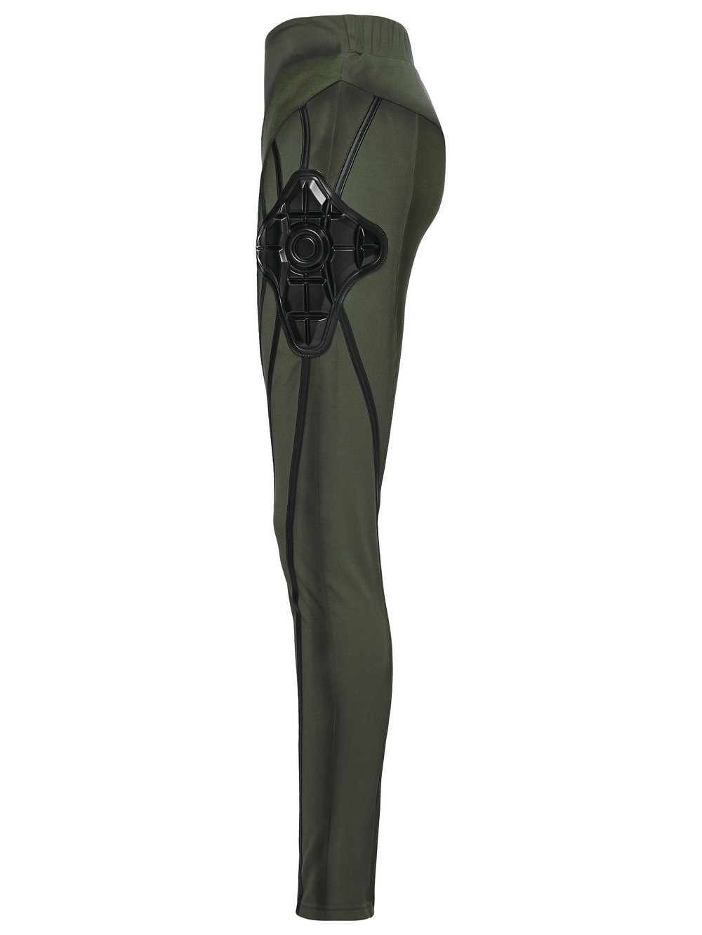 Cyberpunk Leggings with Futuristic Panel Design featuring army green fabric and black 3D rubber armor accents.