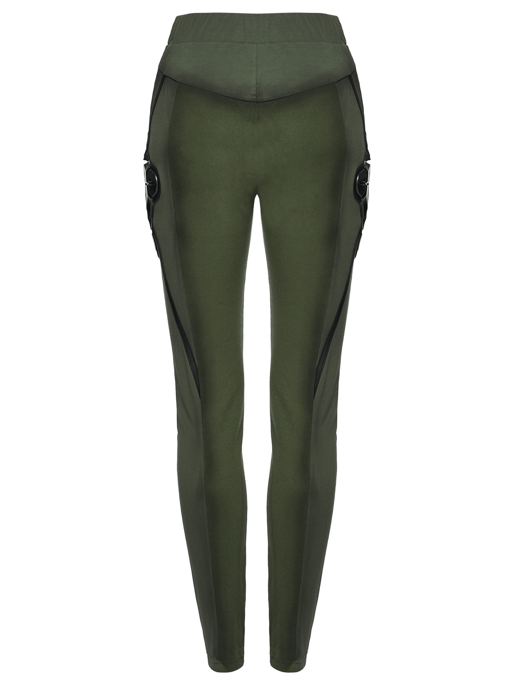 Cyberpunk Leggings with Futuristic Panel Design in army green with black accent details and a sculpted fit.