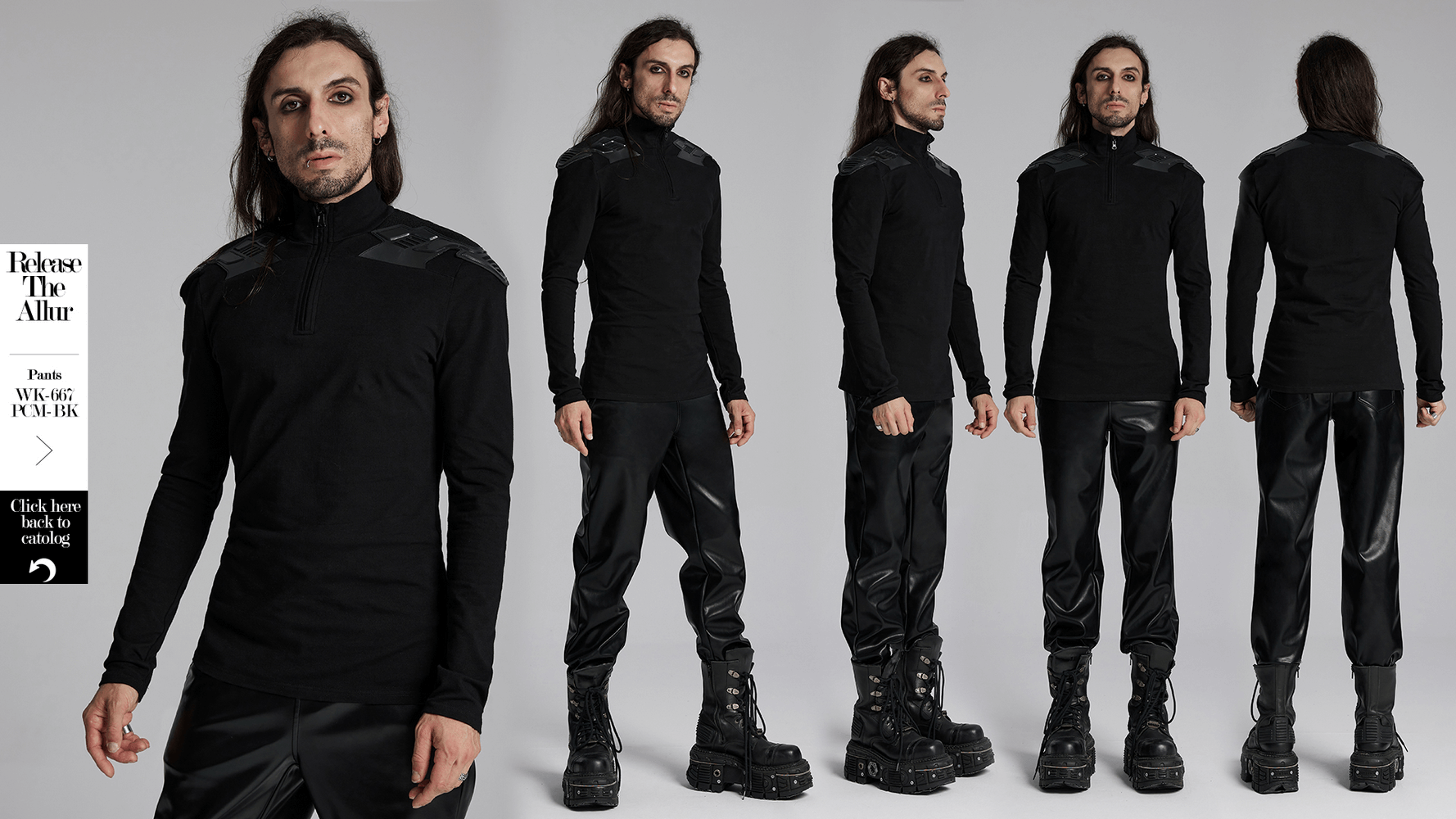 Men's cyberpunk black top with shoulder patches and zipper, styled for tactical or casual wear.